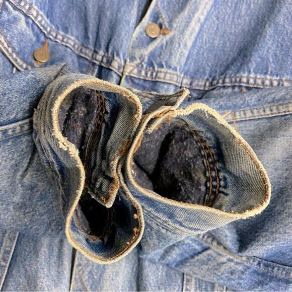 Vintage Blue Bay Distressed Blanket Lined Denim Trucker Jacket Blue Denim Jacket - Picture 8 of 16